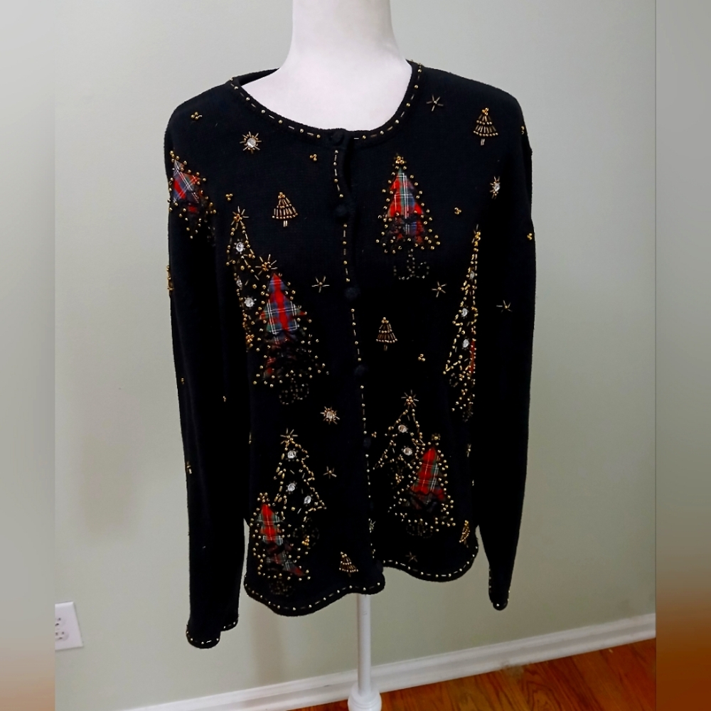 Erika Black Holiday Embellished Cardigan with Red Plaid Trees